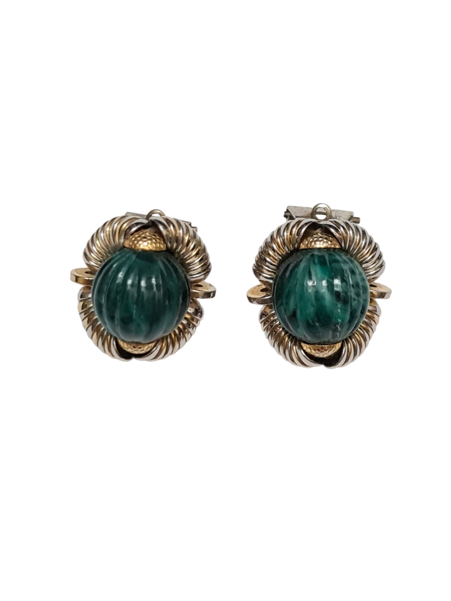 Boucles d'oreilles à clips vertes effet malachite et torsades dorées des années 80 Brocante