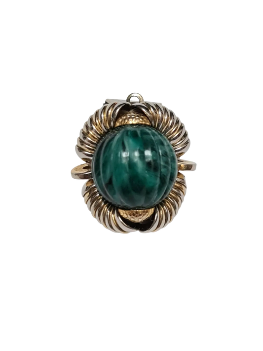 Boucles d'oreilles à clips vertes effet malachite et torsades dorées des années 80 Brocante