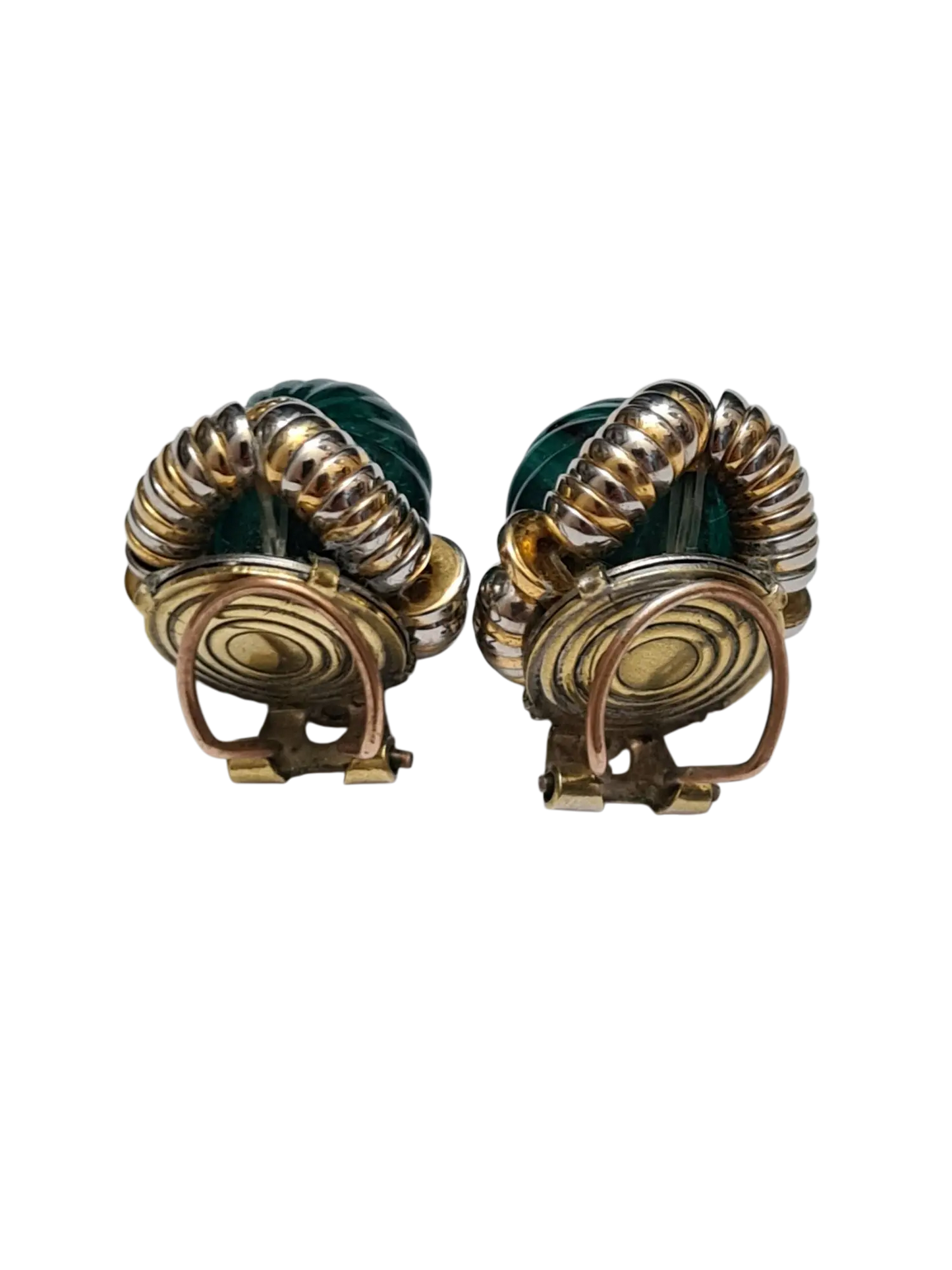 Boucles d'oreilles à clips vertes effet malachite et torsades dorées des années 80 Brocante