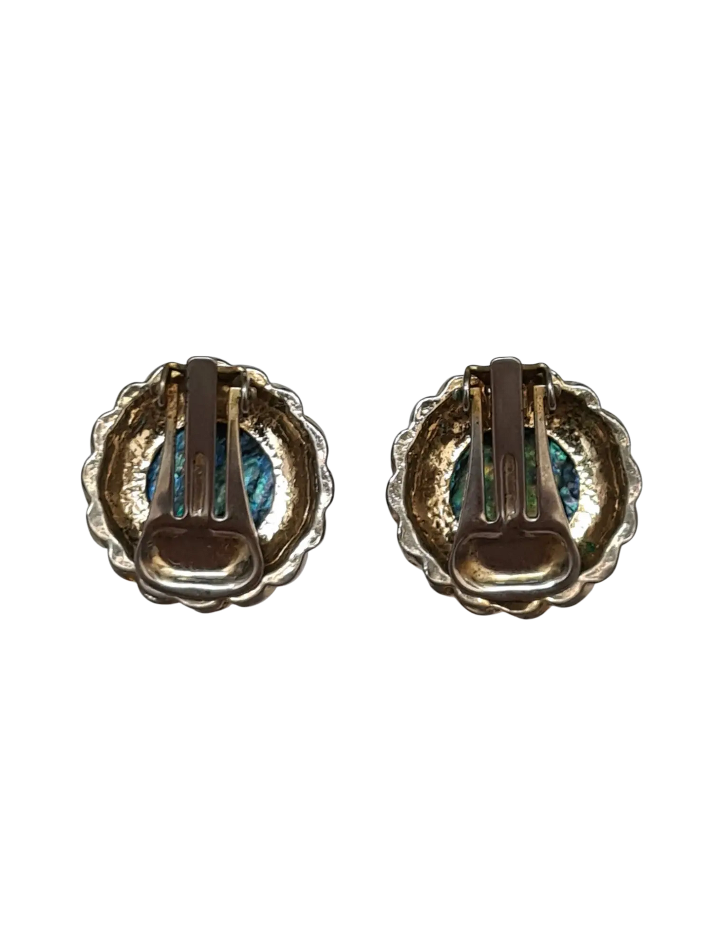 Boucles d'oreilles à clips rondes nacrées pétrole des années 80-90 Brocante