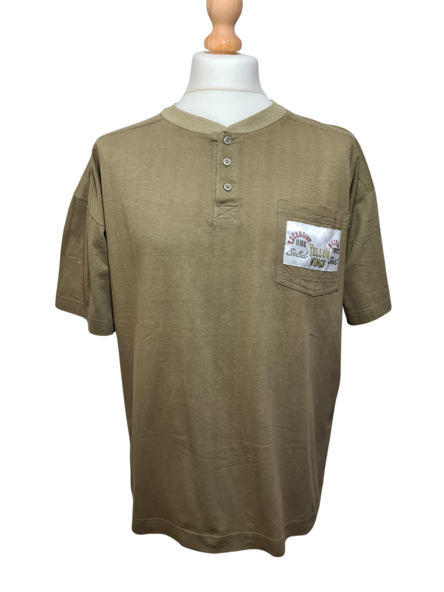 T-shirt kaki col boutonné Success with Yellow Wings des années 90 EMMAUS