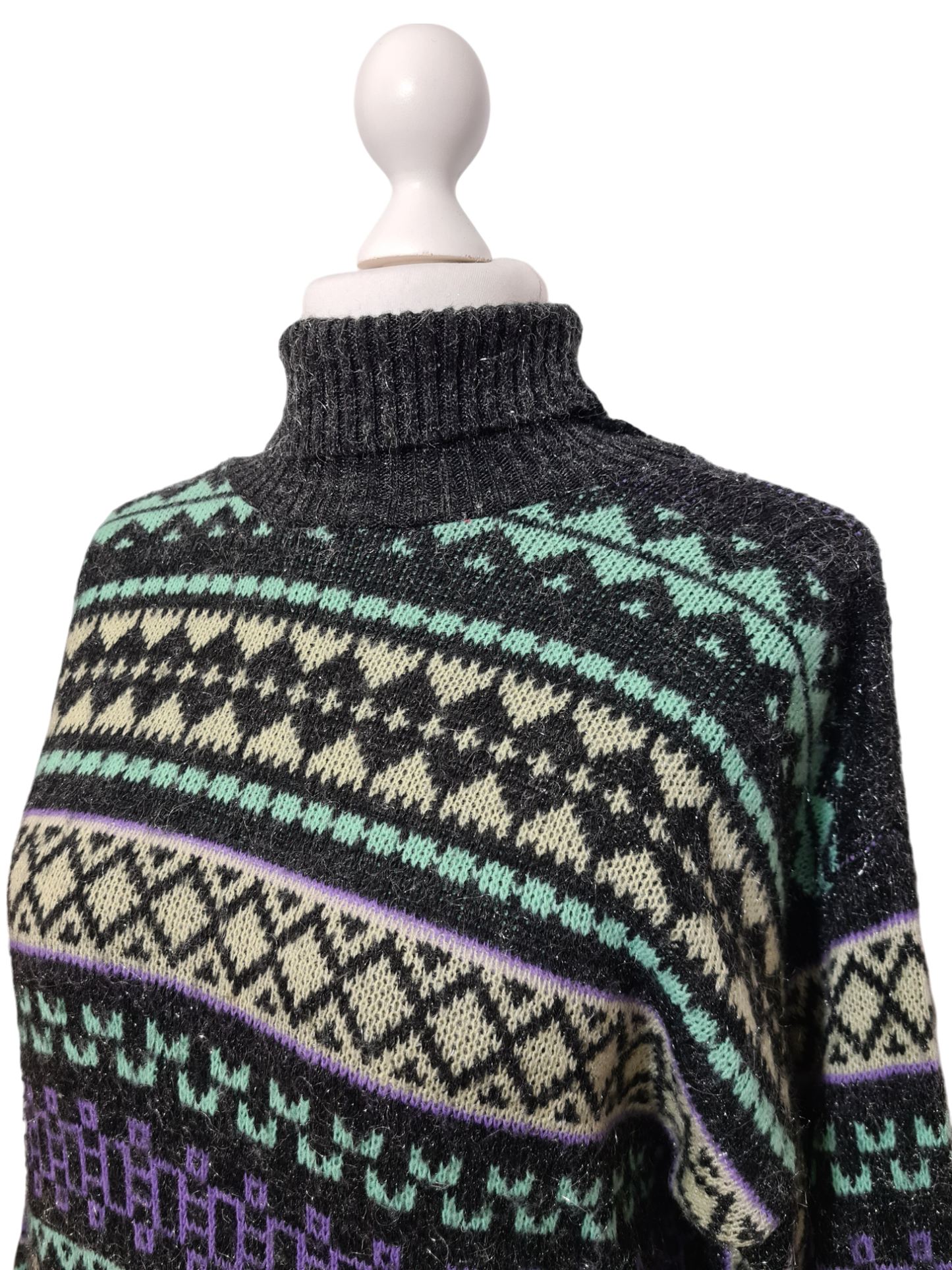 Pull col roulé jacquard des années 80-90 FRIPEO