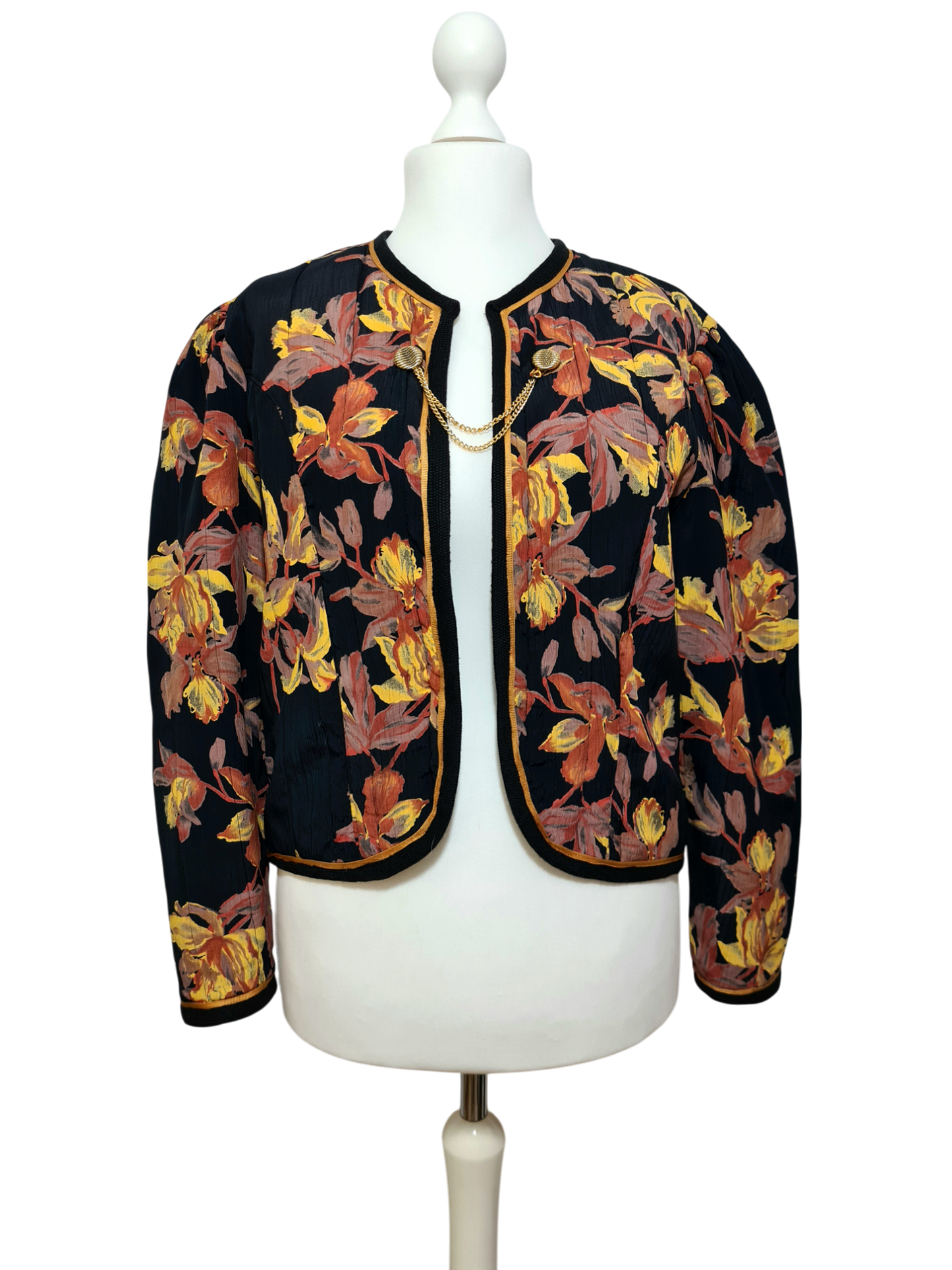 Veste courte noire motifs feuilles des années 80 Brocante