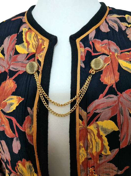 Veste courte noire motifs feuilles des années 80 Brocante