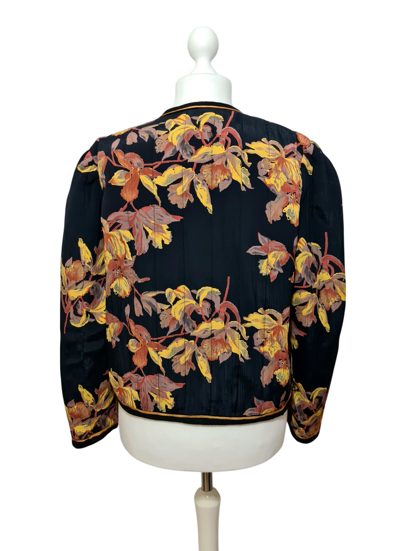 Veste courte noire motifs feuilles des années 80 Brocante