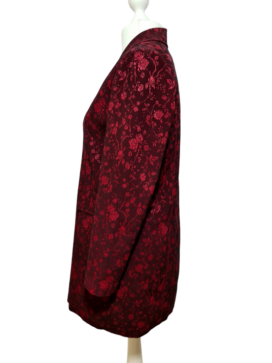 Veste longue bordeaux fleurie femme fabriquée en France chic rétro années 90 Brocante