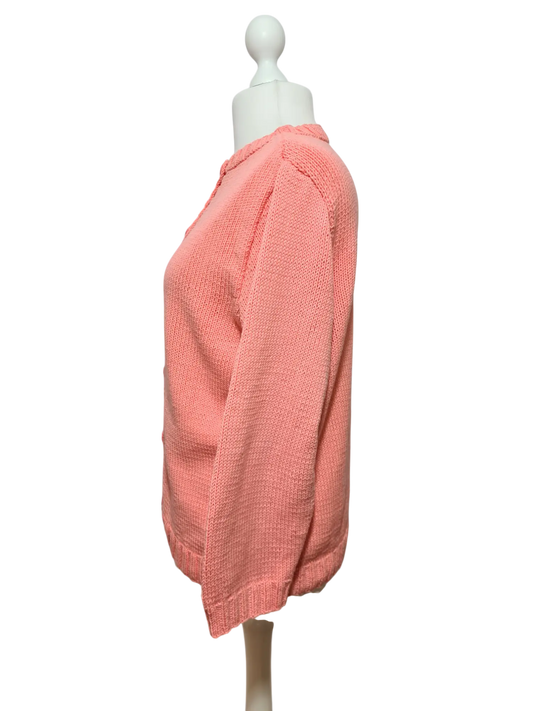 Gilet corail tricot main femme acrylique vintage doux des années 80-90 Brocante