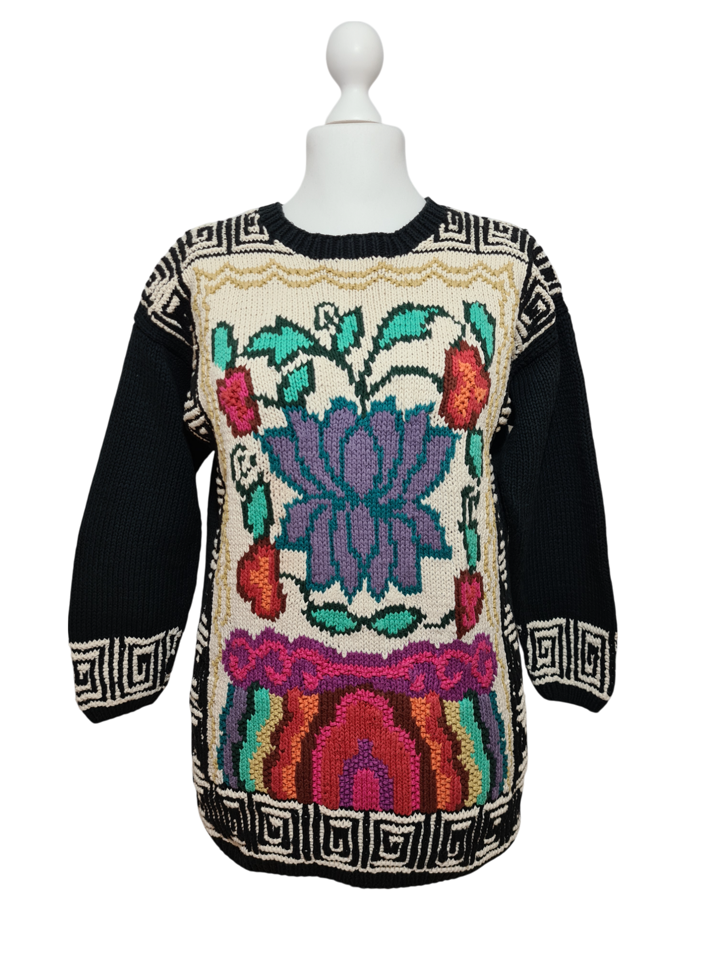 Pull long fleuri Tara vintage 80s coton oversize femme Brocante