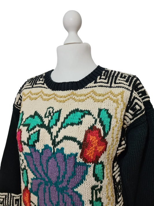 Pull long fleuri Tara vintage 80s coton oversize femme Brocante