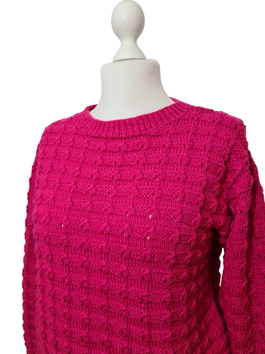 Pull fuchsia tricot main femme laine vintage 80s original Brocante