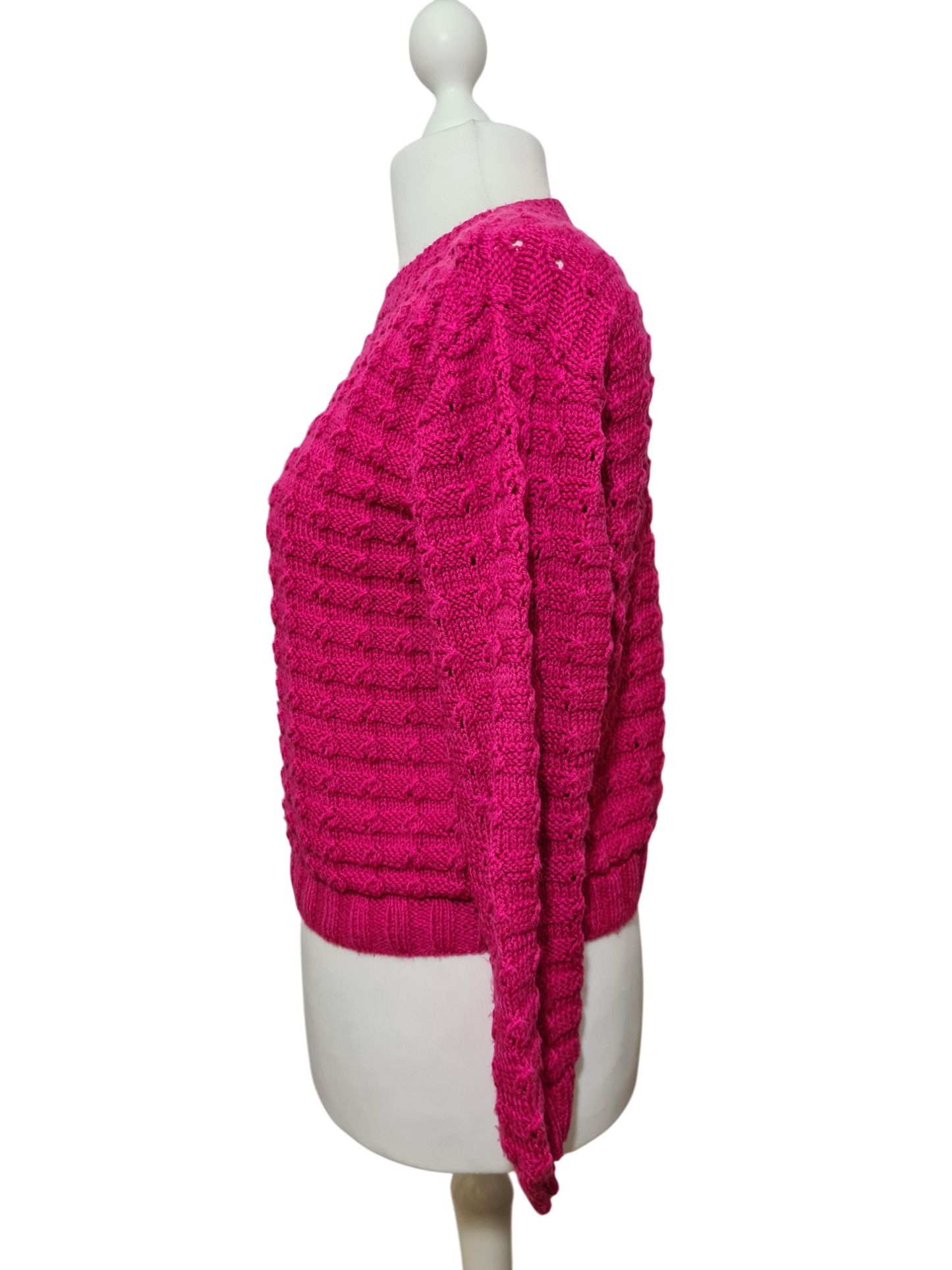 Pull fuchsia tricot main femme laine vintage 80s original Brocante