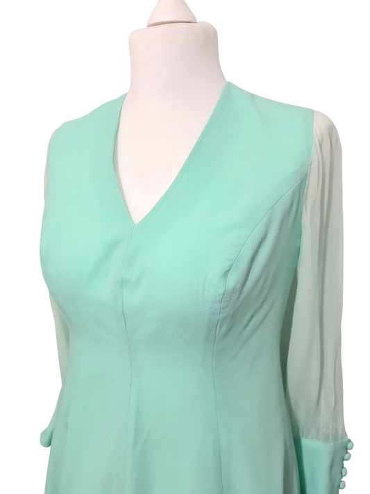 Robe longue vert d’eau faite main vintage 70s manches mousseline T.40-42 EMMAUS