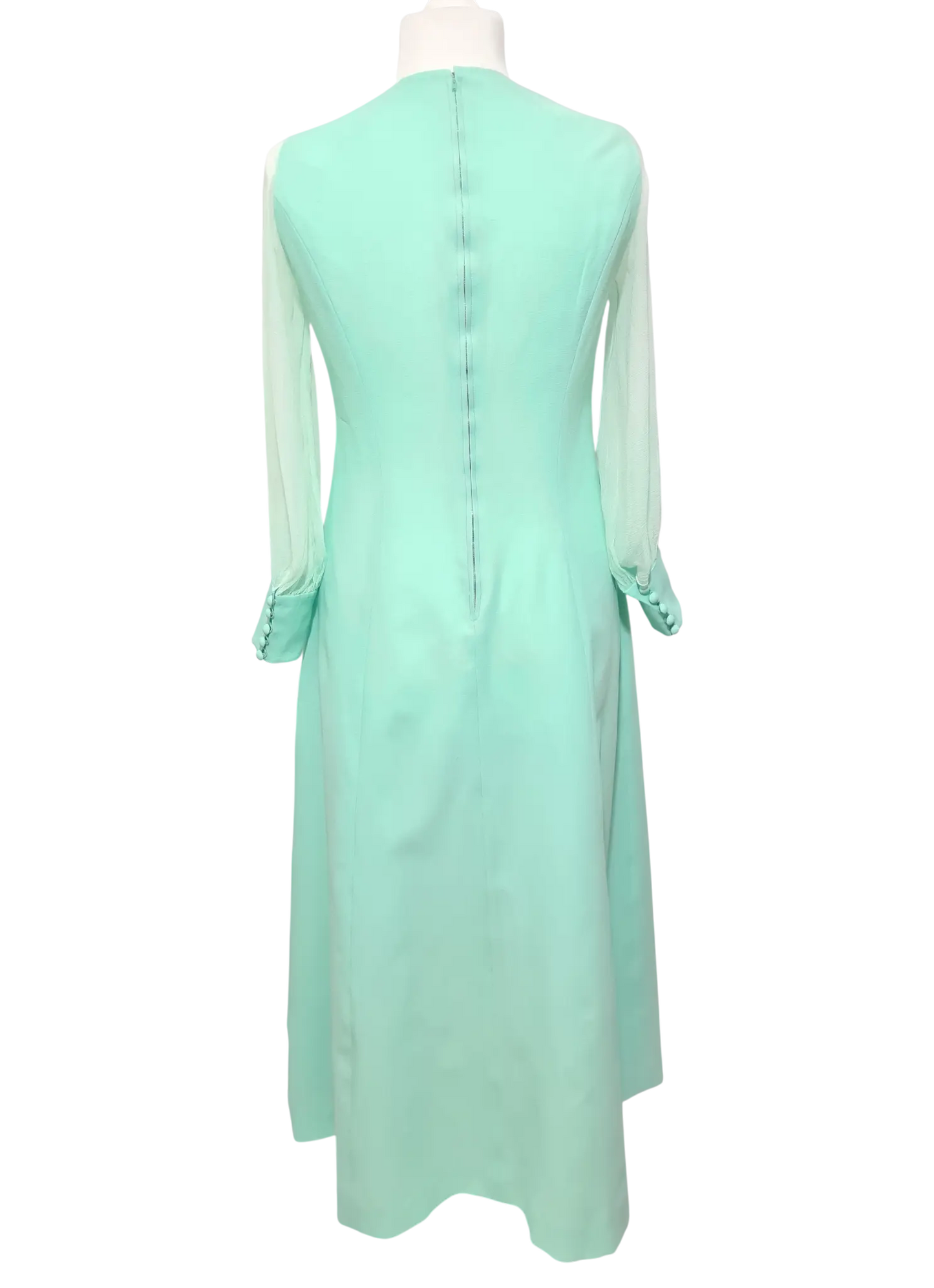 Robe longue vert d’eau faite main vintage 70s manches mousseline T.40-42 EMMAUS