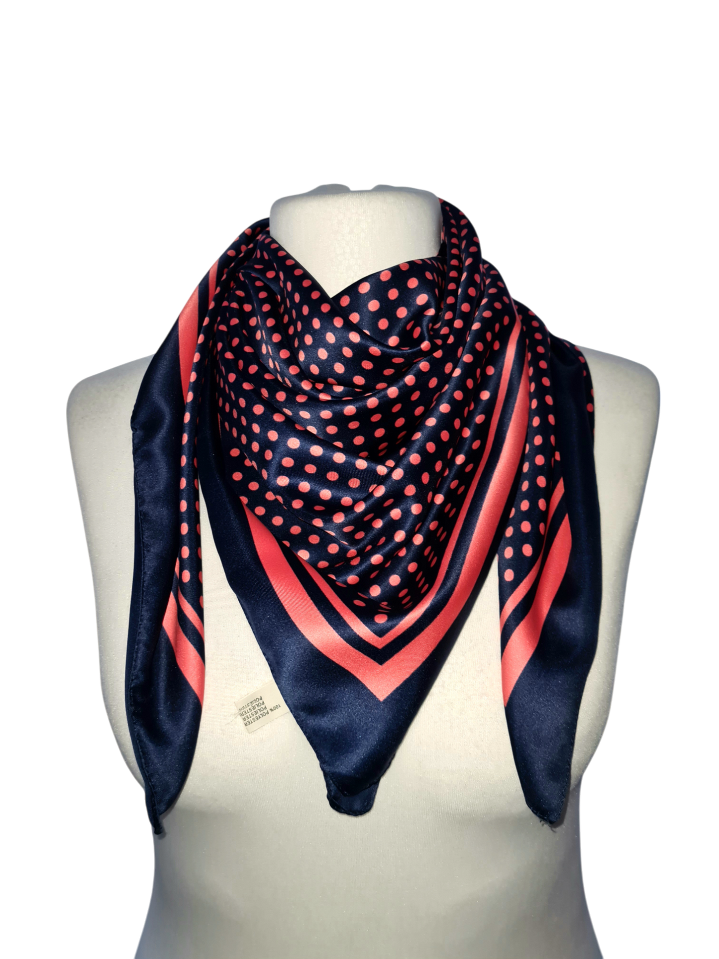 Foulard carré bleu marine à pois roses des années 80 EMMAUS