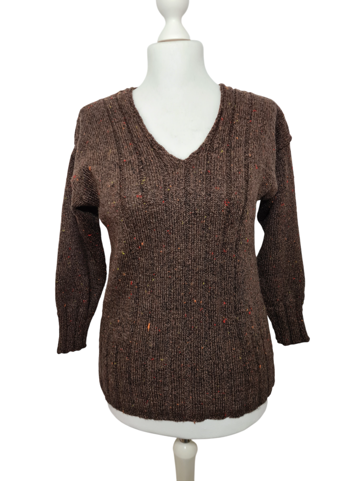 Pull en laine marron chiné multicolore des années 80-90 EMMAUS