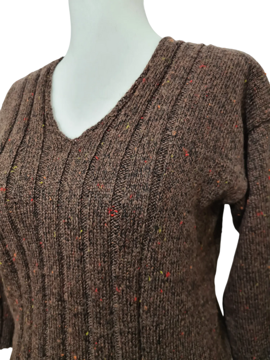 Pull en laine marron chiné multicolore des années 80-90 EMMAUS