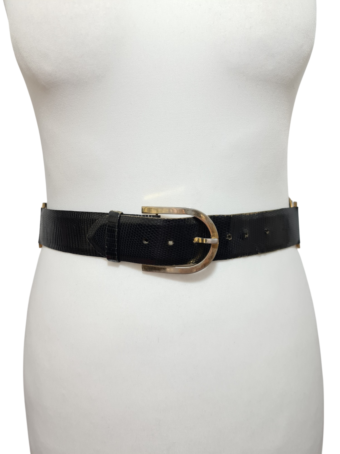 Ceinture large noire en cuir de lézard des années 80 - FRIPEO
