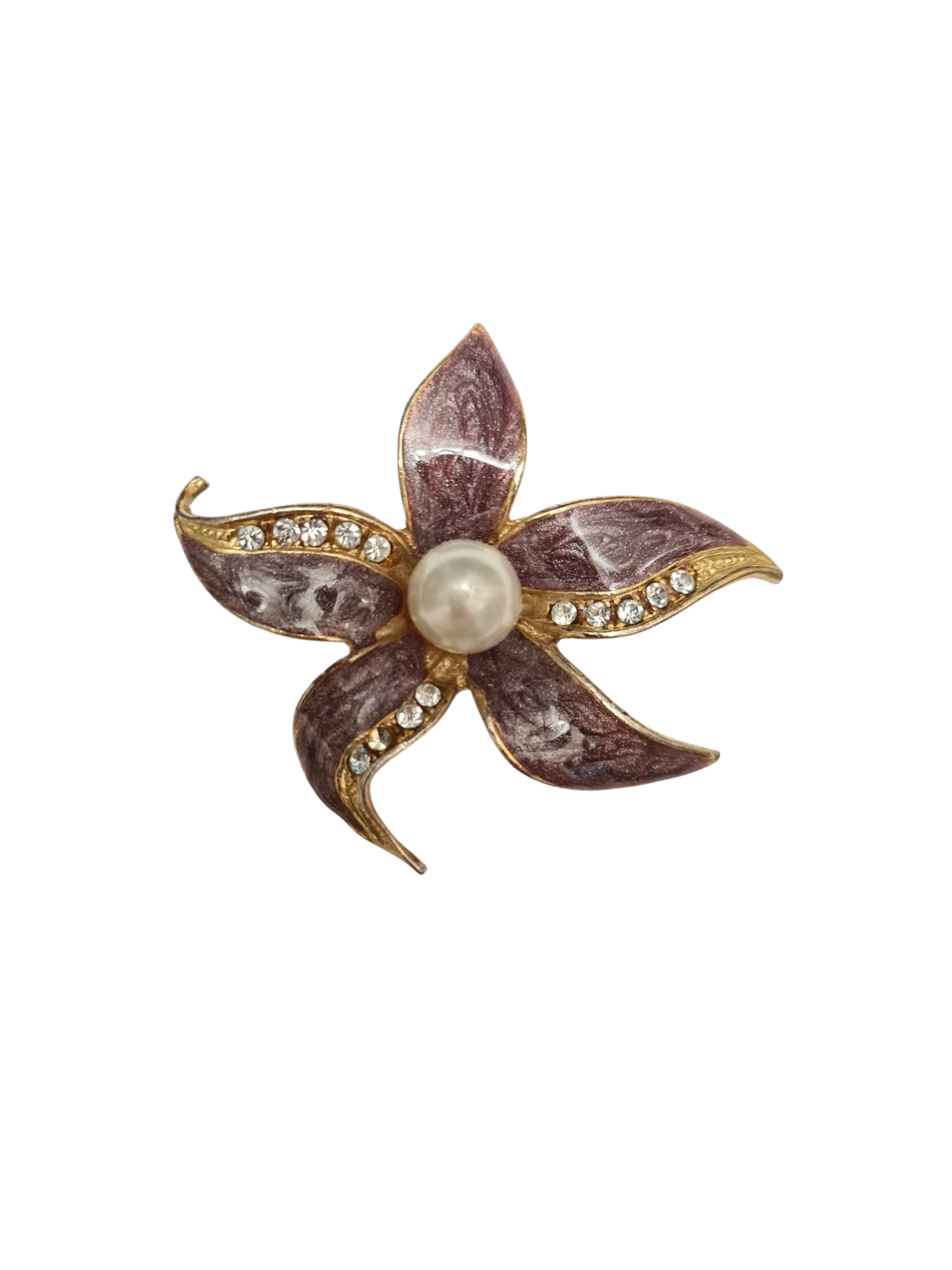 Broche fleur émaillée avec perle et strass des années 60/70 Brocante