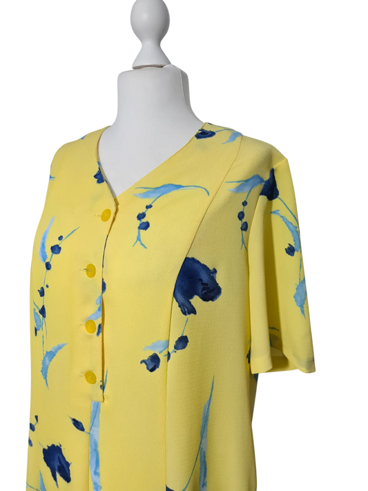 Robe vintage jaune fleurie grande taille 48/50 fait main rétro