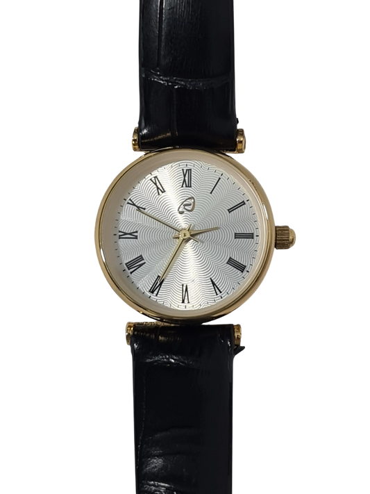 Montre femme cadran argenté bracelet noir élégant