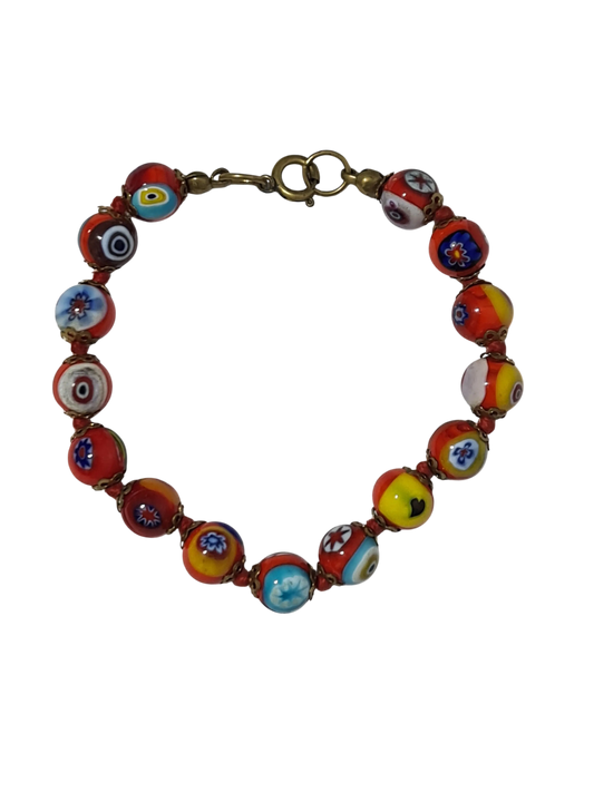 Bracelet vintage perles verre millefiori style Murano multicolore
