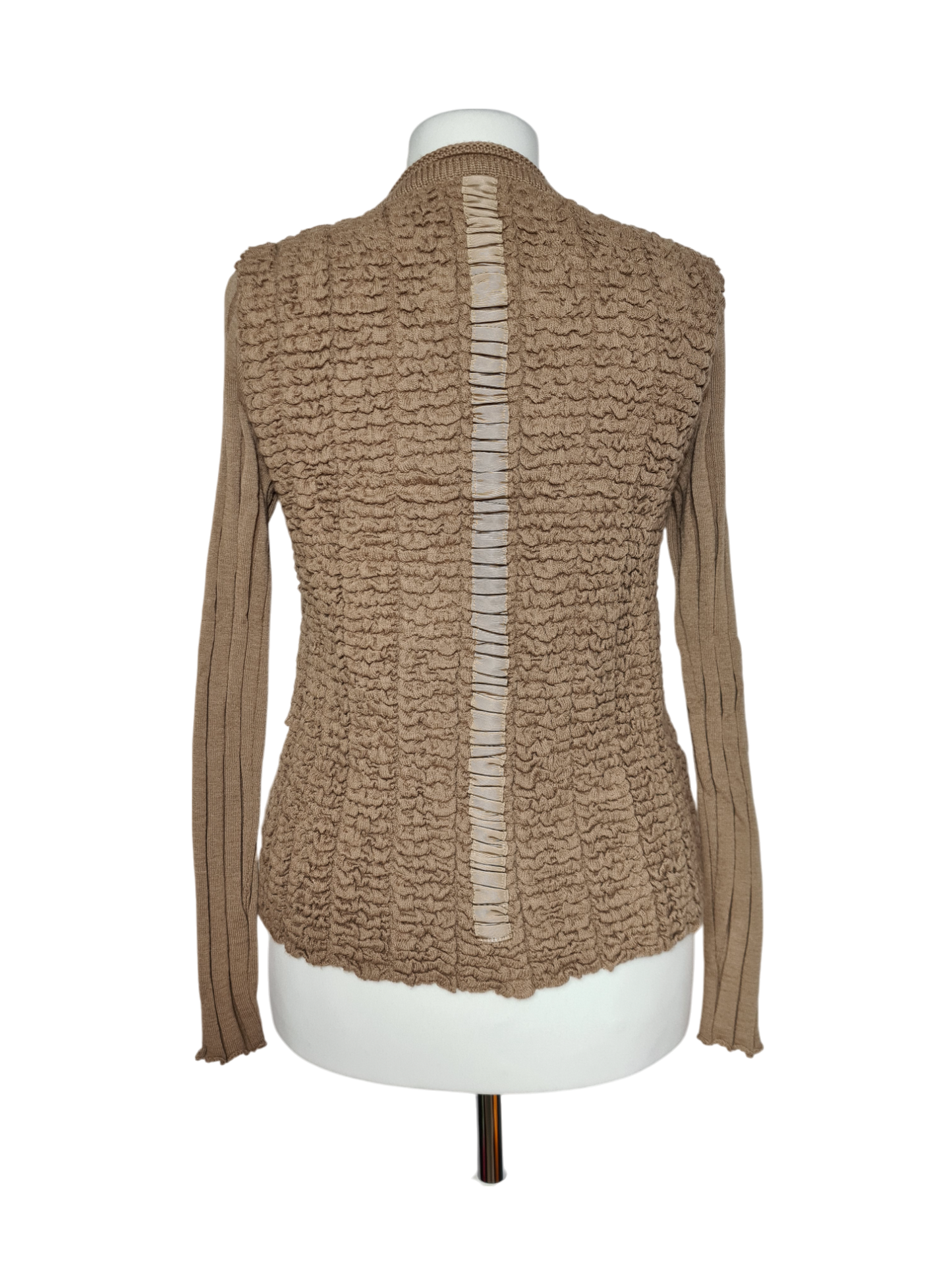 Cardigan laine et acrylique femme beige taupe boutons perles et roses des années 80/90 EMMAUS