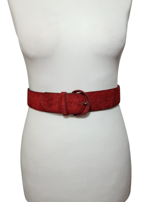 Ceinture rouge en daim avec motifs brodés des années 70-80 - FRIPEO