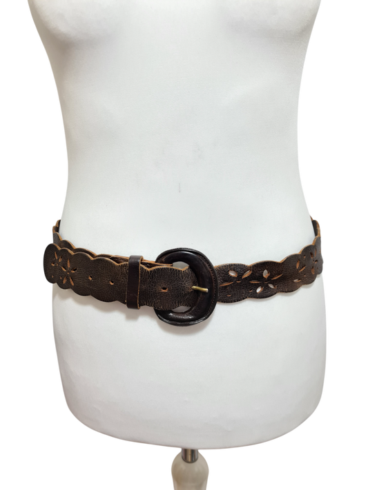 Ceinture marron perforée ajourée motifs floraux en cuir véritable des années 70-80 - FRIPEO