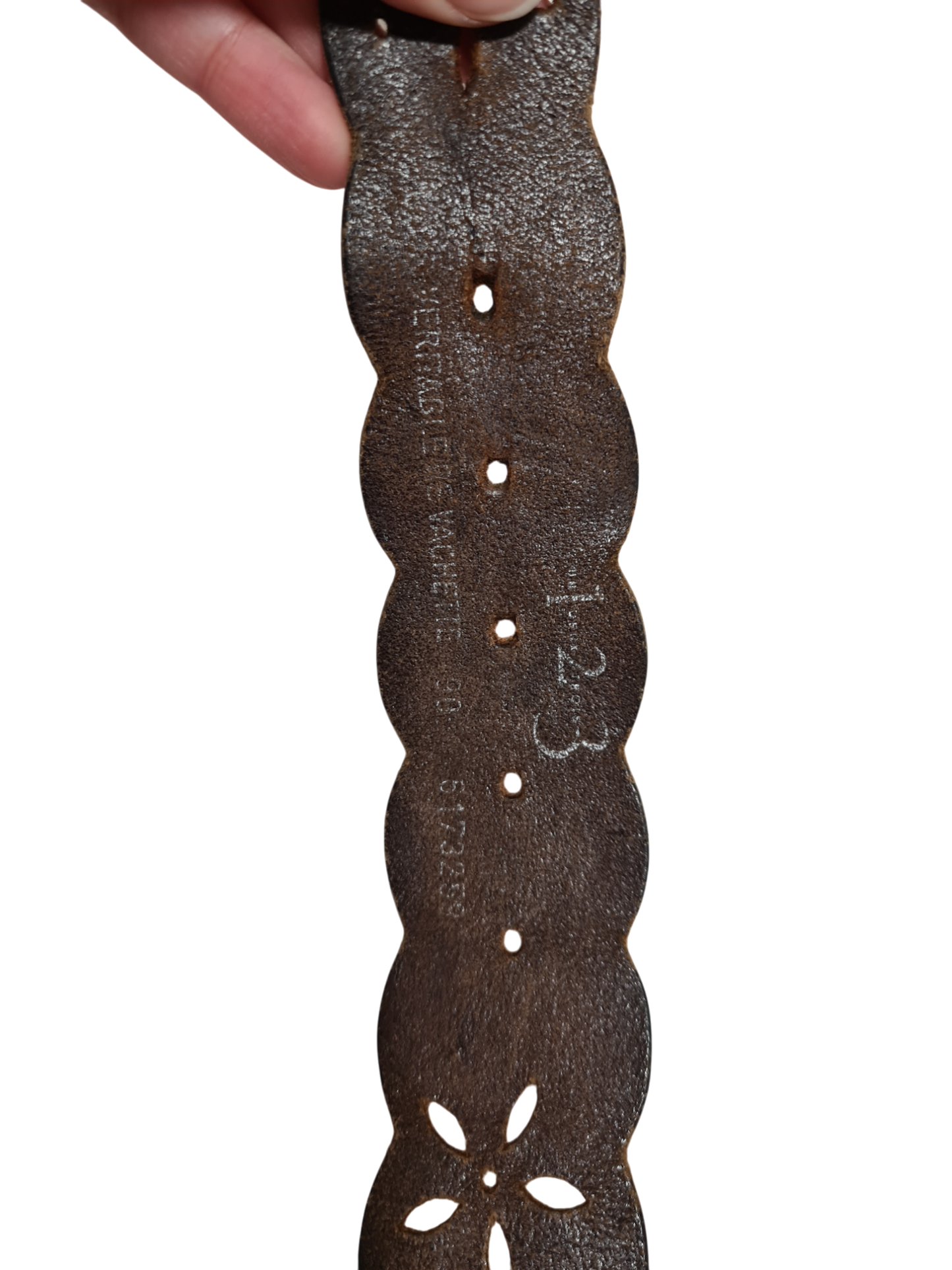 Ceinture marron perforée ajourée motifs floraux en cuir véritable des années 70-80 - FRIPEO
