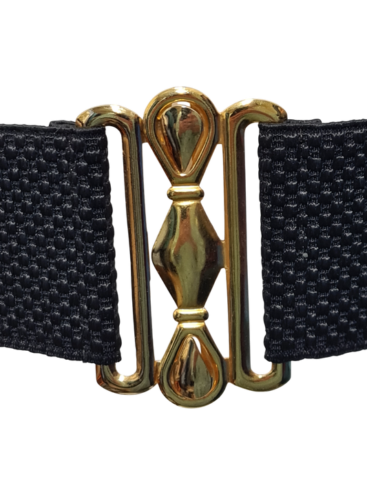 Ceinture noire élastiquée fermoir en métal doré des années 80-90 EMMAUS