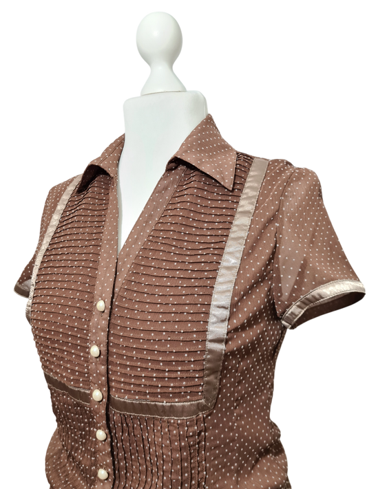 Chemisier manches courtes marron à pois des années 90-2000 EMMAUS