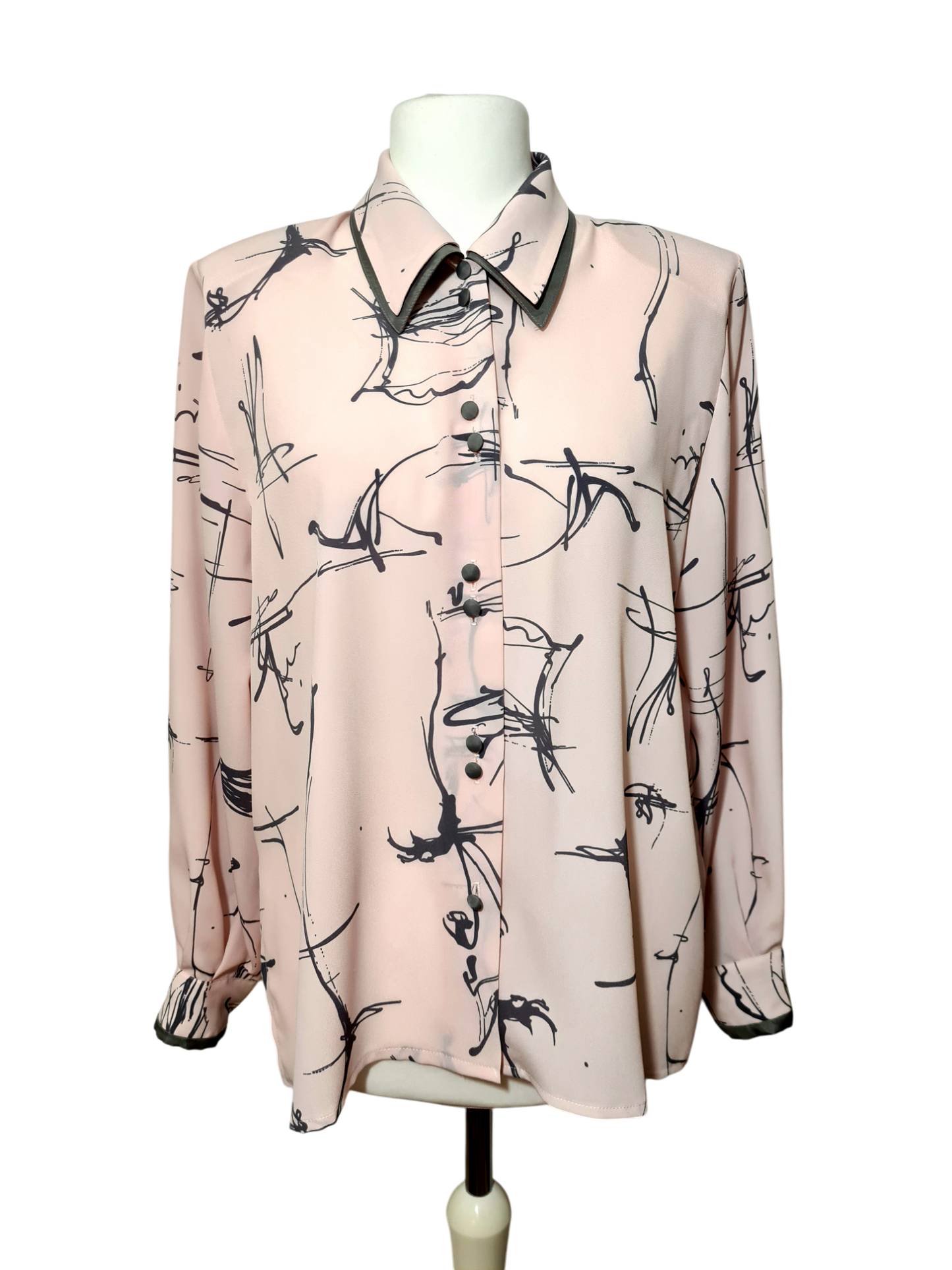 Chemisier rose pastel à motifs gris des années 80-90 EMMAUS