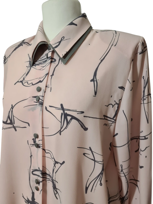 Chemisier rose pastel à motifs gris des années 80-90 EMMAUS