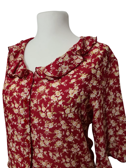 Chemisier manches 3/4 bordeaux fleuri des années 80-90 EMMAUS