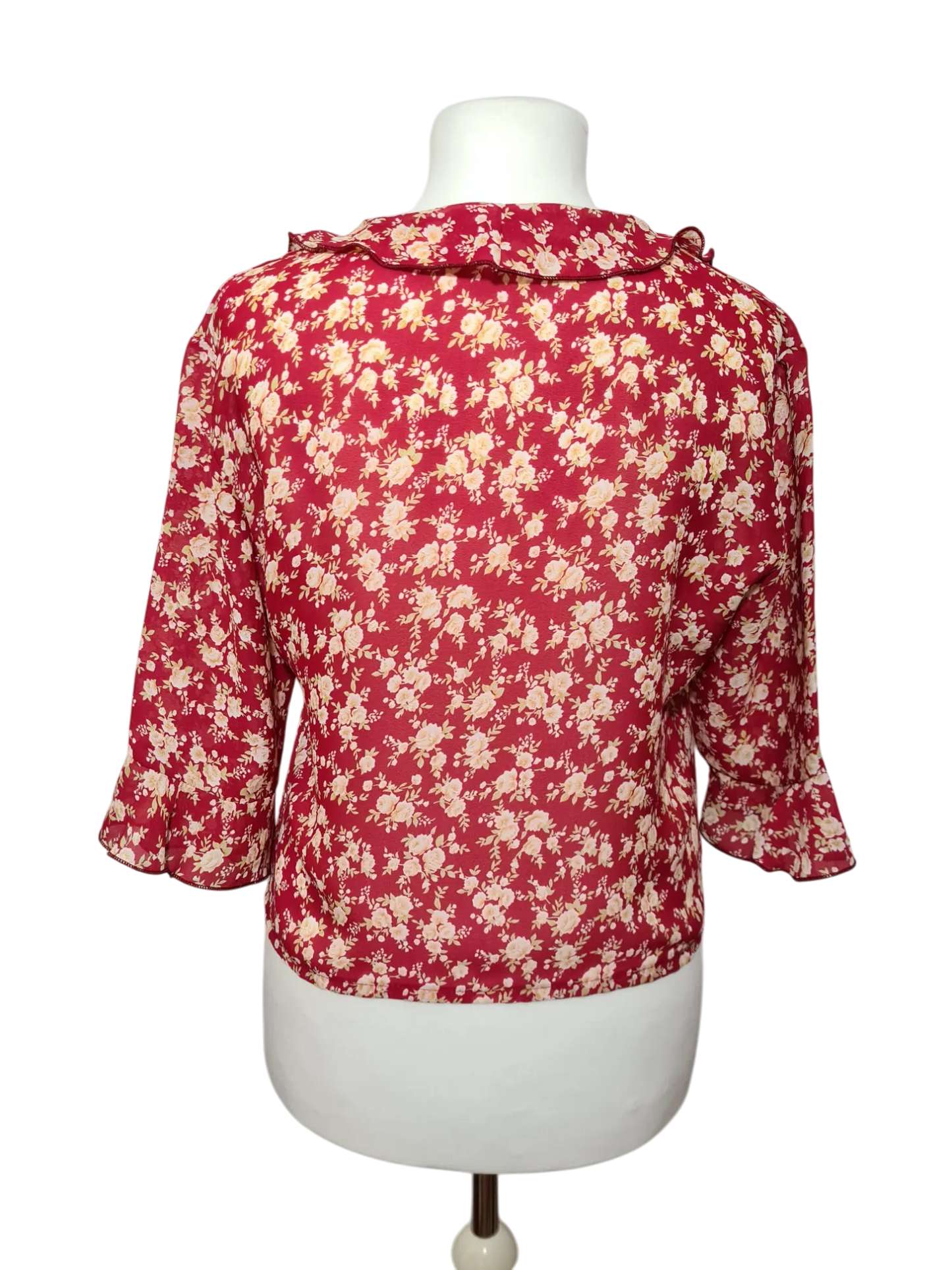 Chemisier manches 3/4 bordeaux fleuri des années 80-90 EMMAUS