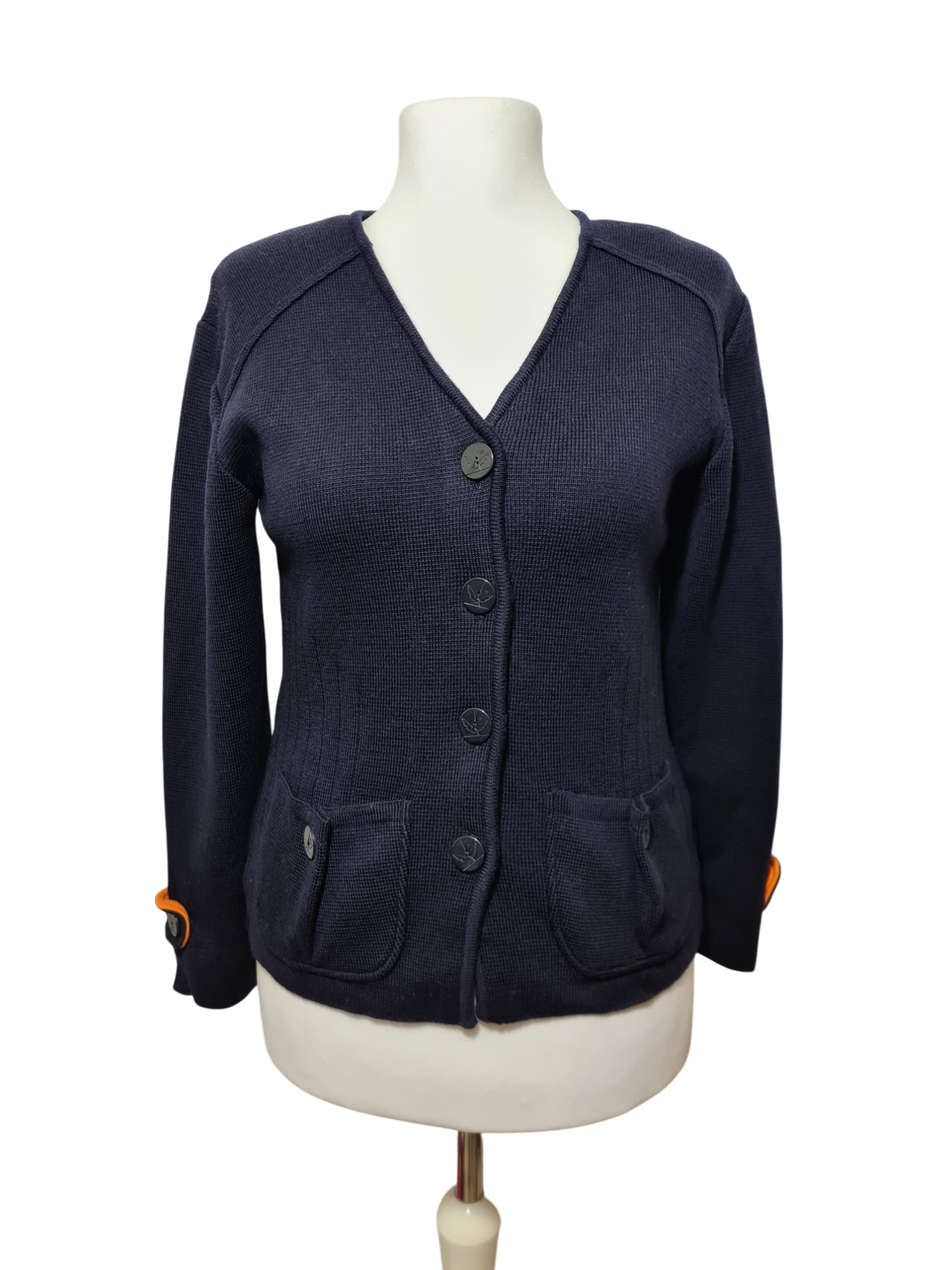 Gilet bleu marine uniforme aéroports de Paris en laine workwear des années 80-90 EMMAUS