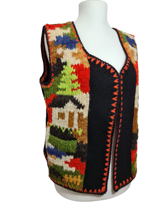 Gilet artisanal en laine tricoté folklorique motifs jacquard coloré inspiration nordique des années 70-80 EMMAUS