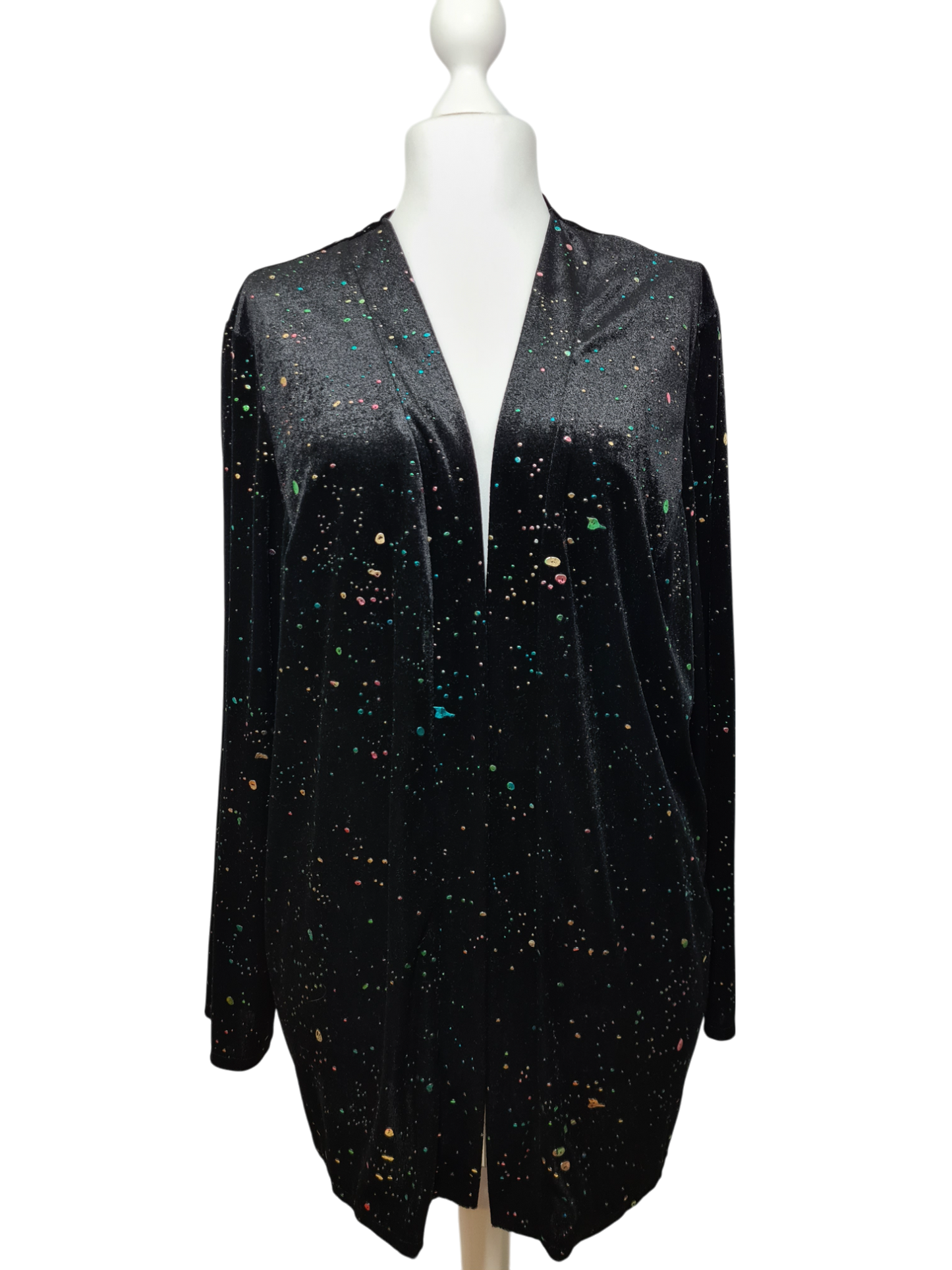 Long gilet noir en velours incrustations multicolores éclats lumineux des années 90-2000 EMMAUS