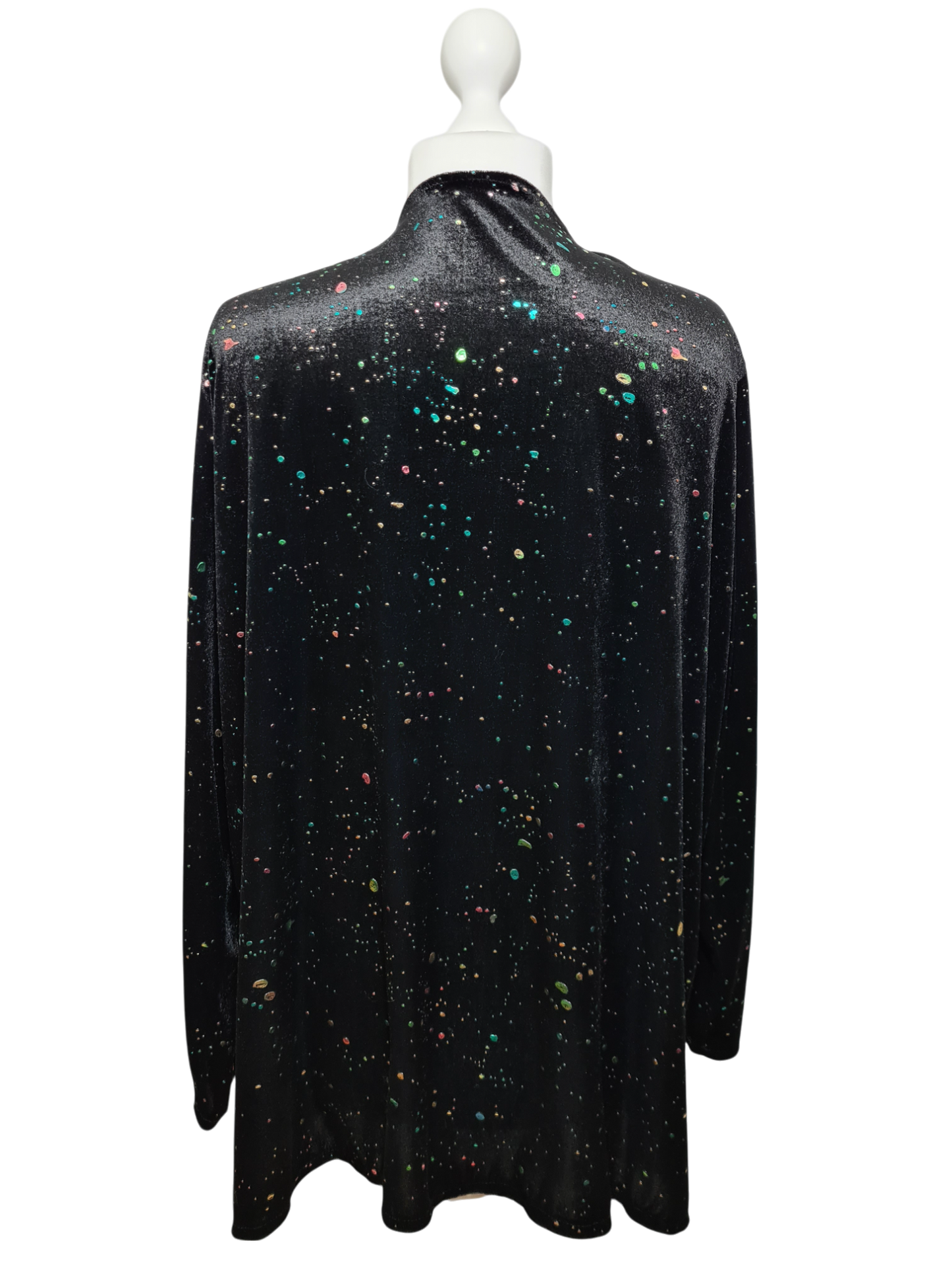 Long gilet noir en velours incrustations multicolores éclats lumineux des années 90-2000 EMMAUS