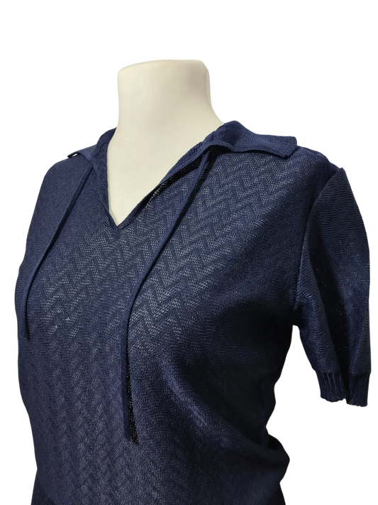 Pull femme bleu marine en maille autrichien des années 60-70 EMMAUS