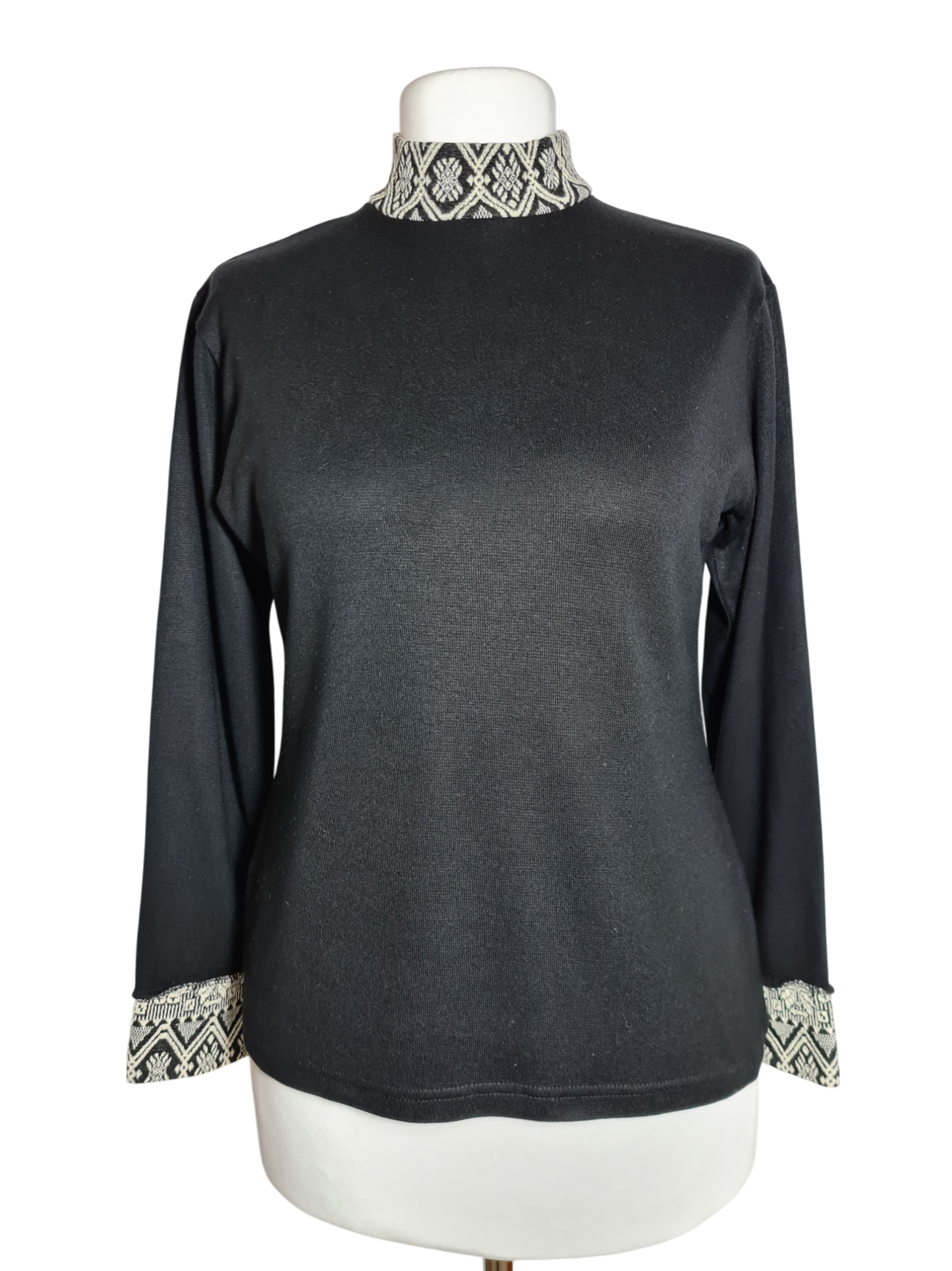 Pull femme noir vintage col et manches imprimé géométriques des années 80 EMMAUS
