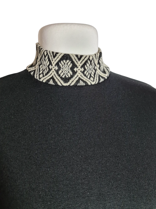 Pull femme noir vintage col et manches imprimé géométriques des années 80 EMMAUS