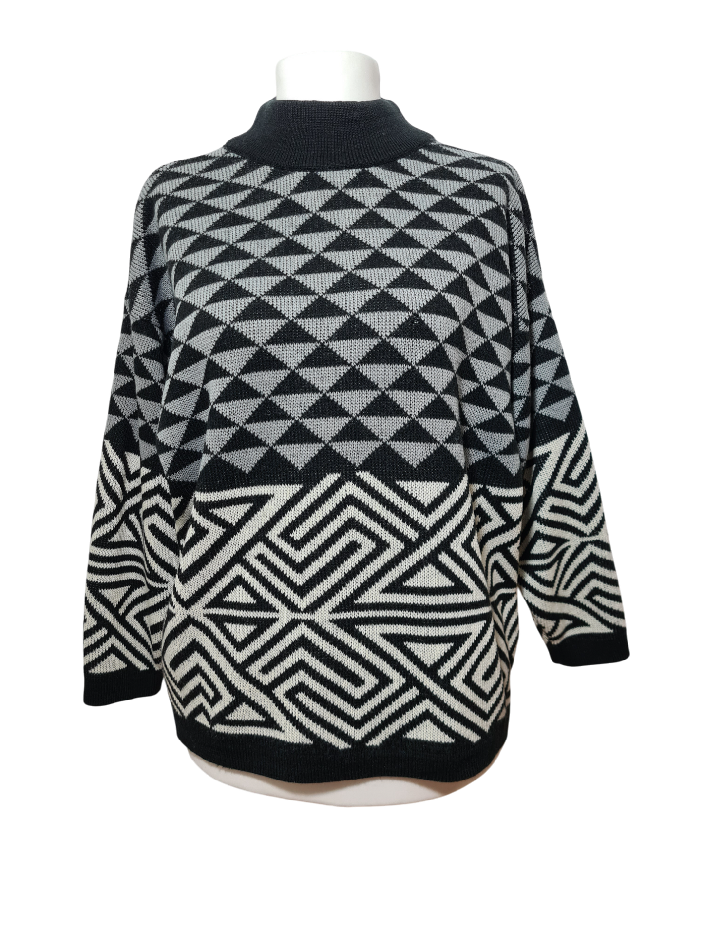 Pull graphique en laine style épaules tombantes New Man des années 80-90 EMMAUS