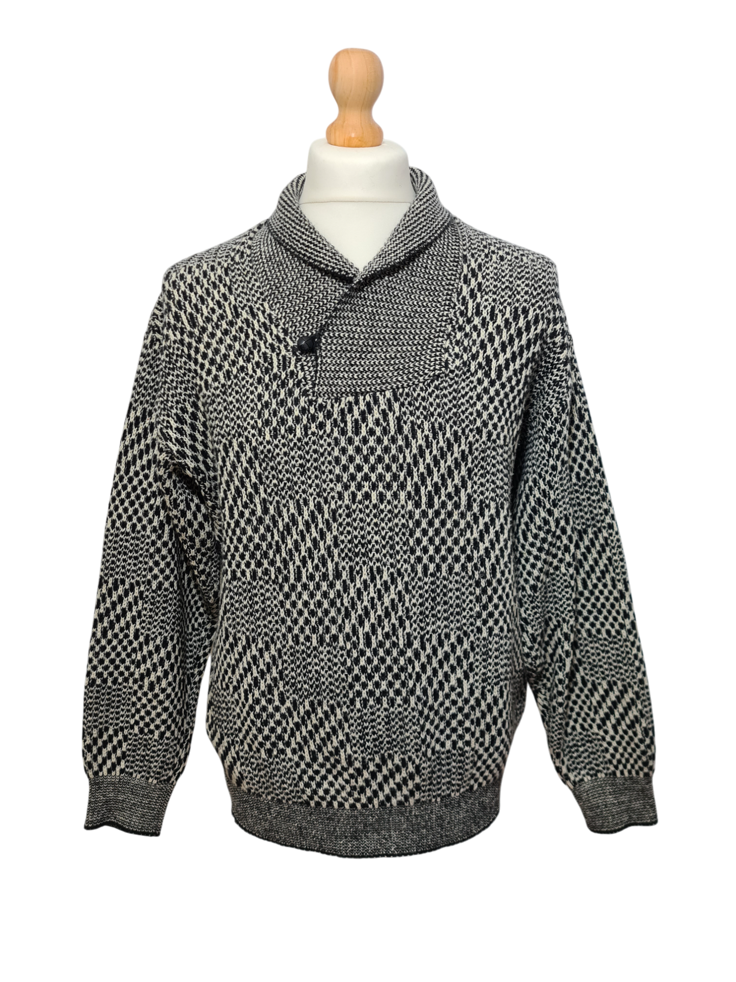 Pull graphique en jacquard noir et blanc des années 80-90 EMMAUS