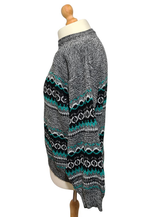 Pull homme jacquard en laine mélangée des années 80-90 EMMAUS