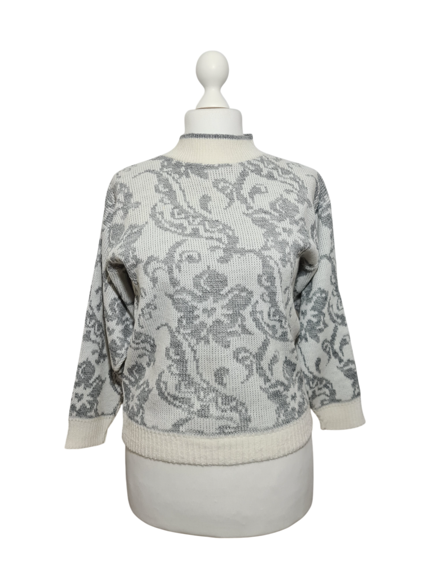 Pull femme jacquard fleuri style épaules tombantes des années 80-90 EMMAUS