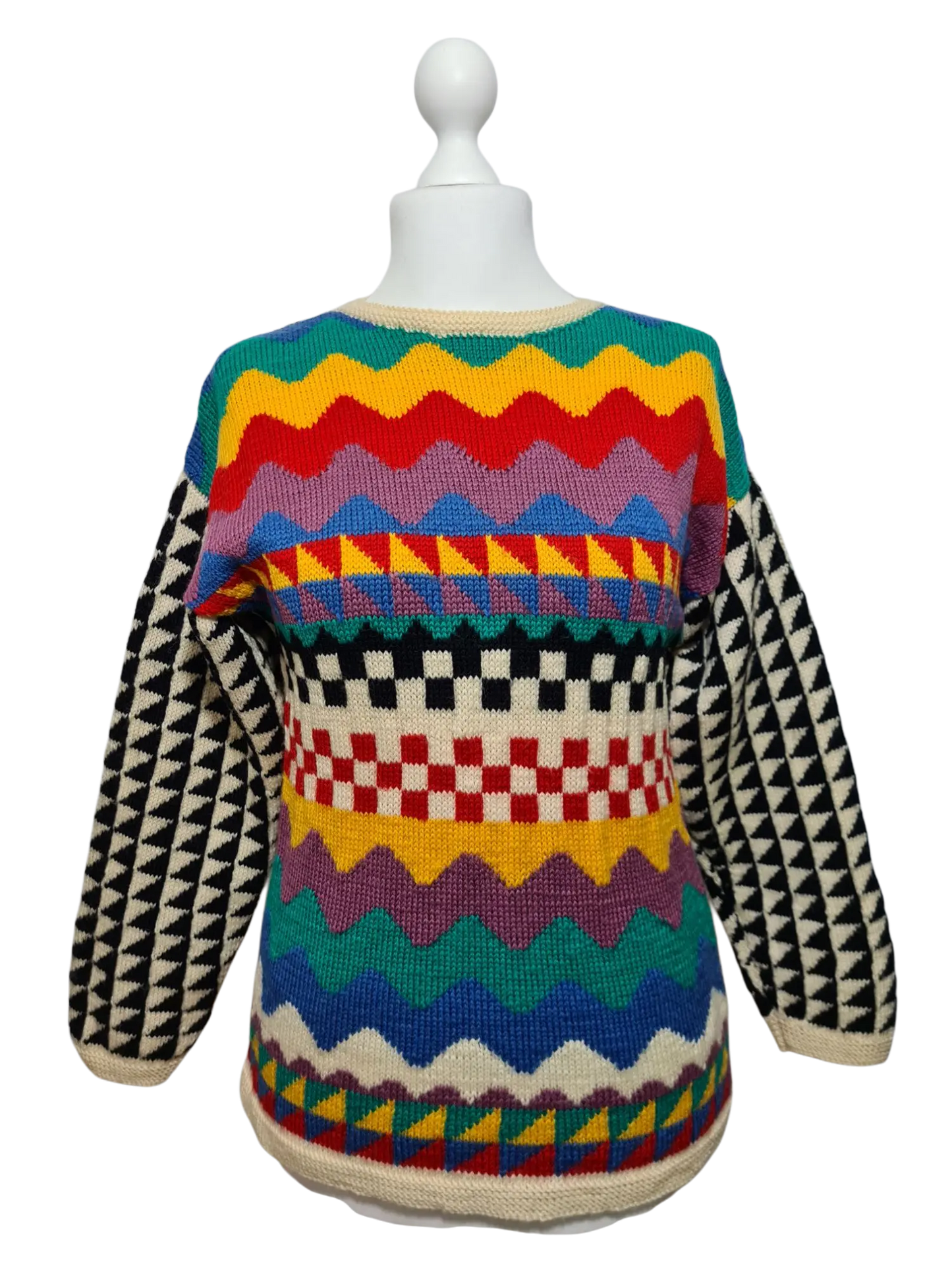 Pull en laine rare tricotée main inspiration coogi des années 80-90 EMMAUS