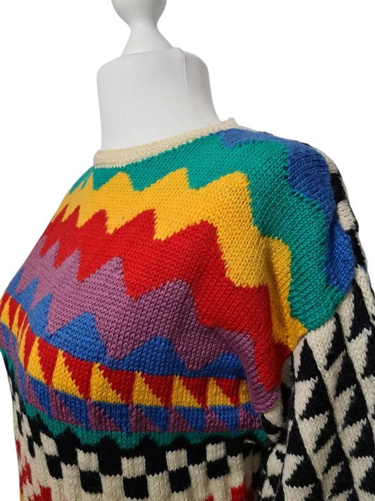 Pull en laine rare tricotée main inspiration coogi des années 80-90 EMMAUS