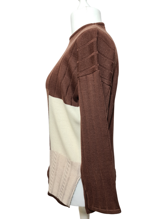 Pull marron Lewinger style épaules tombantes design patchwork des années 80-90 EMMAUS