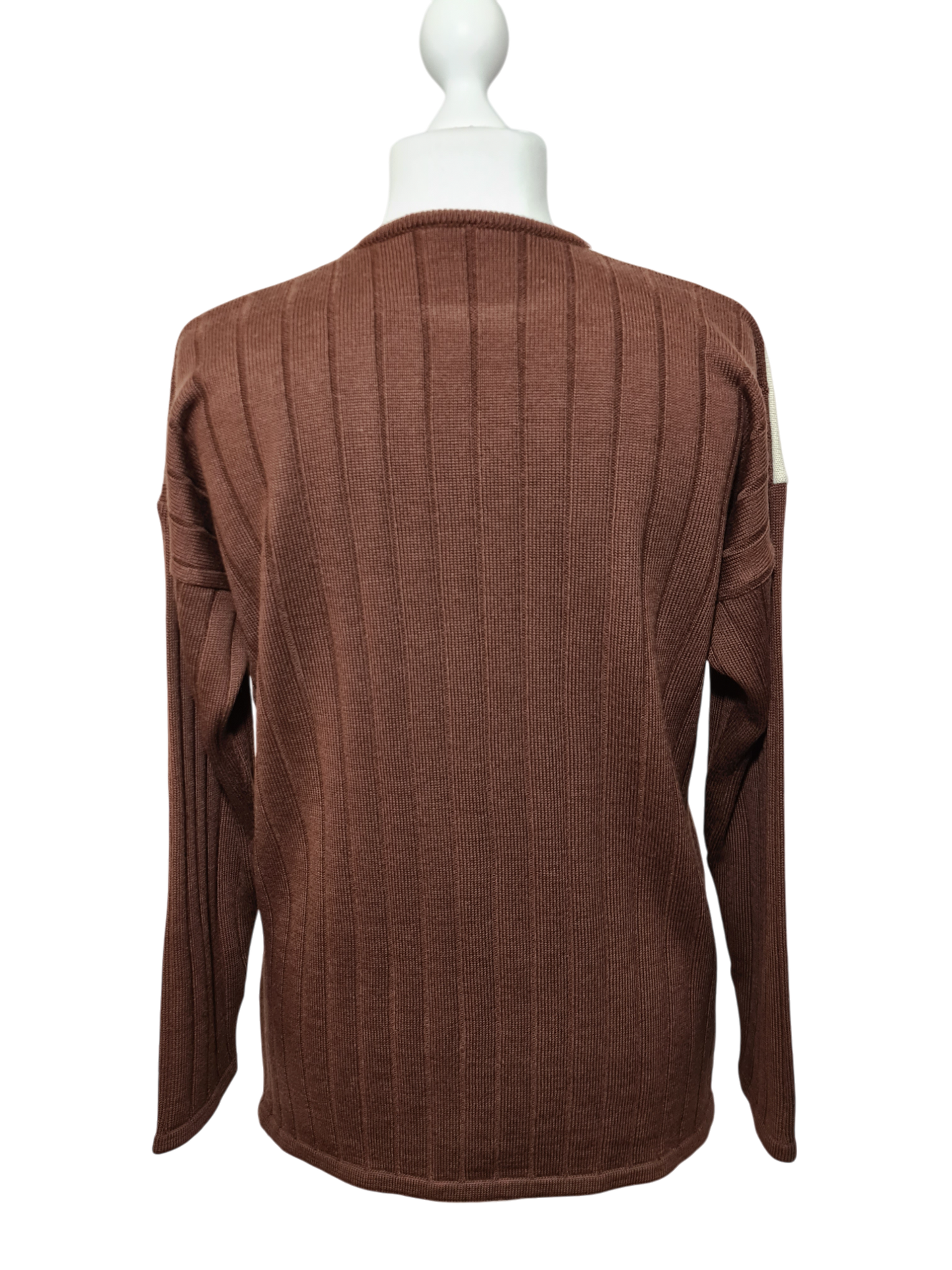 Pull marron Lewinger style épaules tombantes design patchwork des années 80-90 EMMAUS